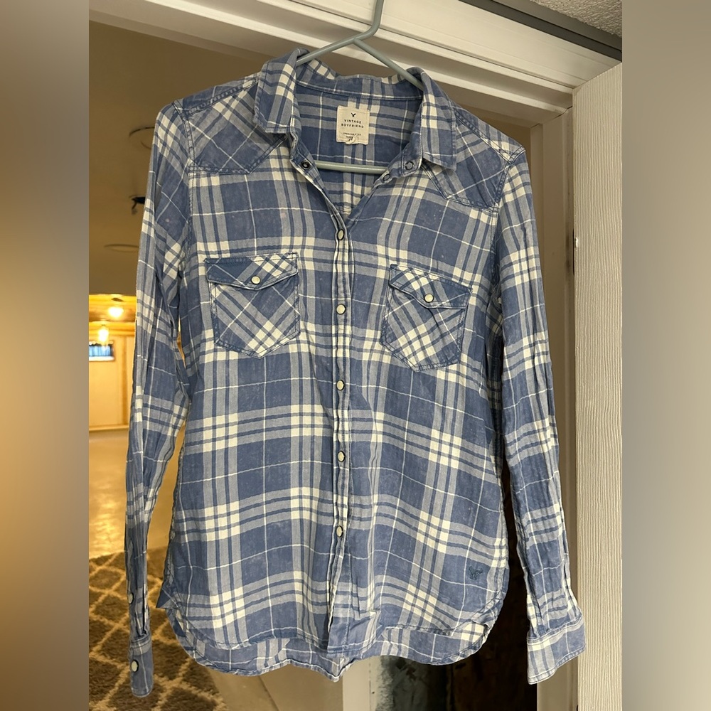 Blue and White Plaid Button-Up Shirt